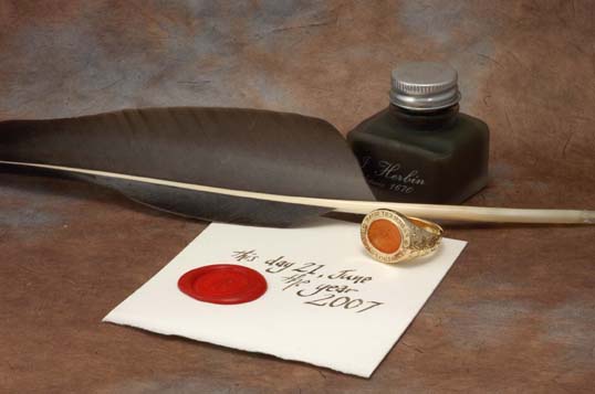 signet ring, quill pen, ink and seal